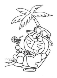 Mẫu tranh tô màu hình Doreamon đang nghĩ mát bên cây dừa