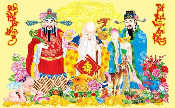 Hình ảnh Phúc Lộc Thọ trên tấm thiệp chúc tết