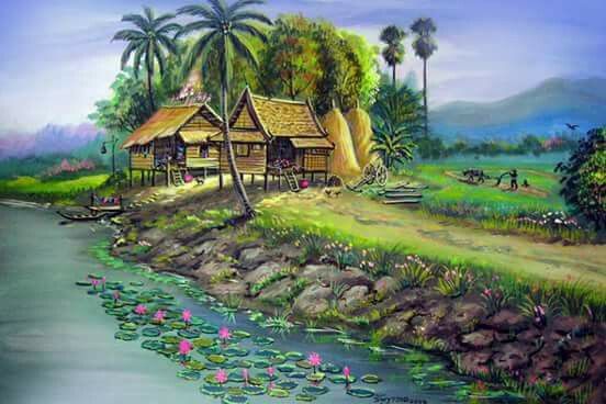 Tranh sơn dầu phong cảnh thiên nhiên làng quê đẹp