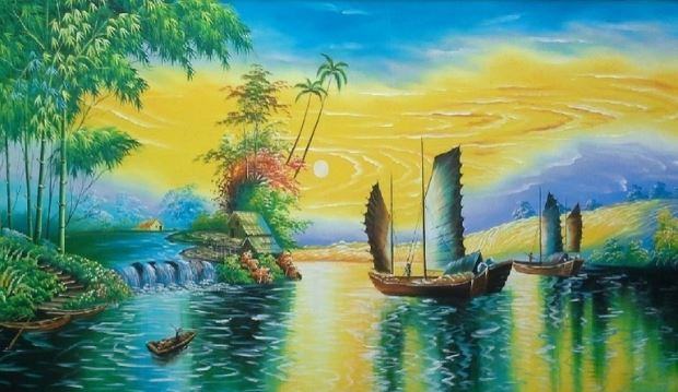 Tranh sơn dầu đẹp với khung cảnh những chiếc thuyền khi hoàng hôn buông xuống