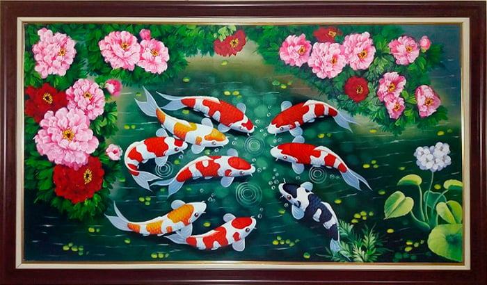 Tranh sơn dầu phong thủy cá chép hoa mẫu đơn