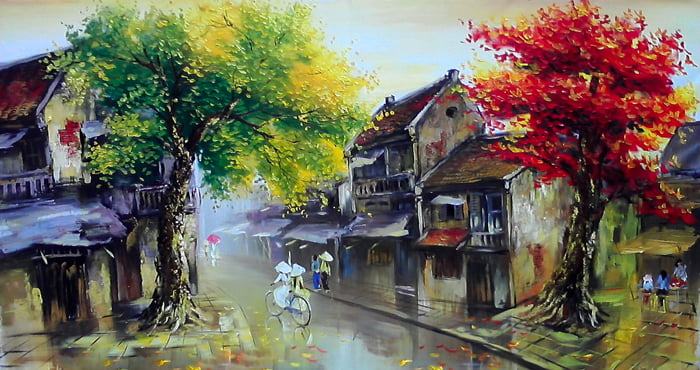 Tranh sơn dầu khu phố cổ Hà Nội bình yên